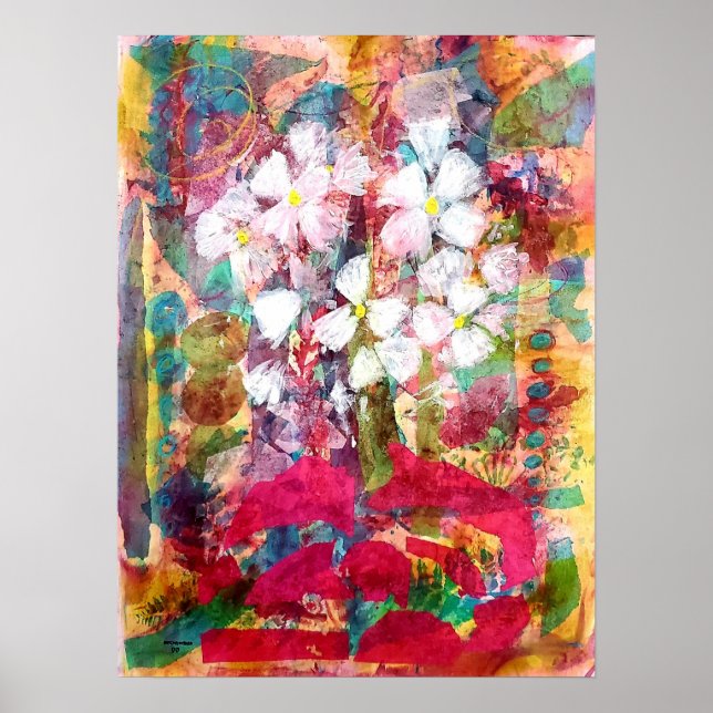 Flores brancas no Impressão Pote de Poster rosa (Frente)