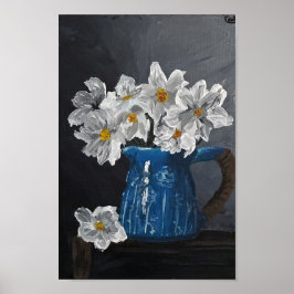Flores brancas num poster de jarro azul