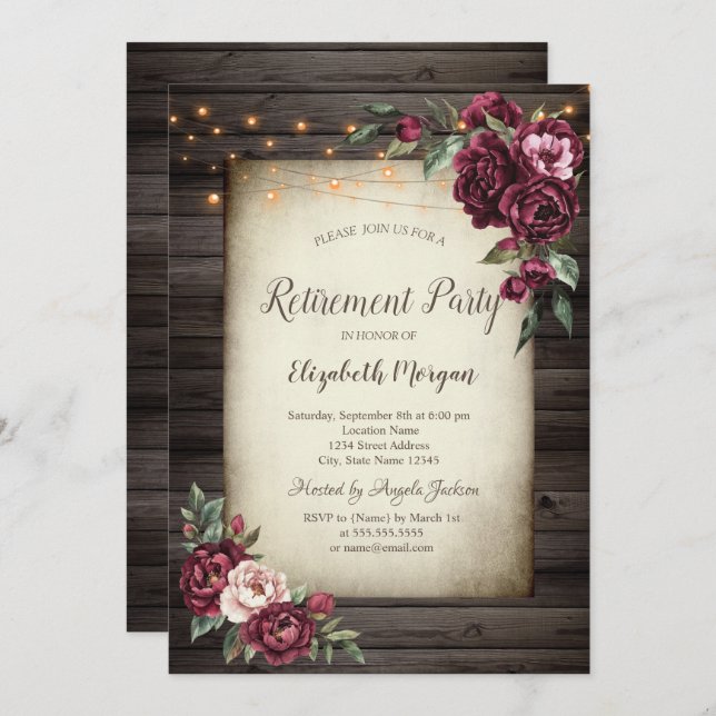 Flores Burgundy Convite à Reforma da Madeira Marro (Frente/Verso)