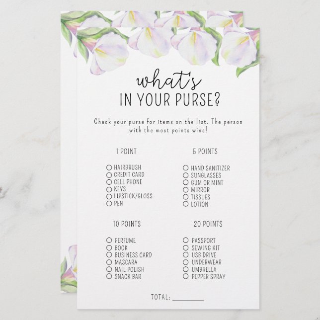 Flores Calla - O que há no seu jogo de bolsa (Frente/Verso)