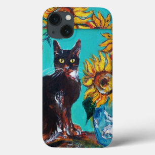 FLORES COM GATO PRETO EM TURQUOISMO AZUL