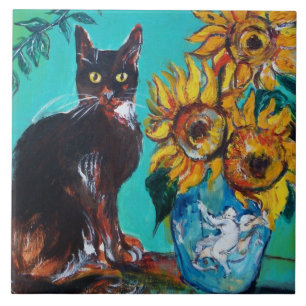 FLORES COM GATO PRETO EM TURQUOISMO AZUL