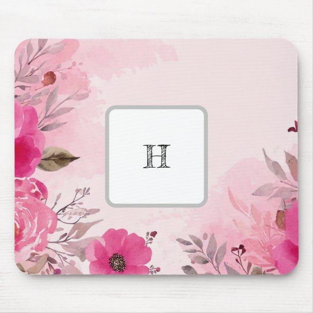 Flores Cor de Água Rosa num Mousepad Monograma (Frente)