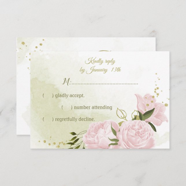 Flores cor-de-rosa bonito folhas verdes RSVP ca bo (Frente/Verso)