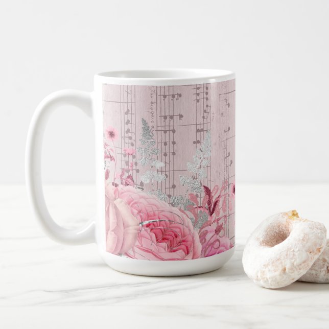 flores cor-de-rosa folha de música caneca (Com Donut)