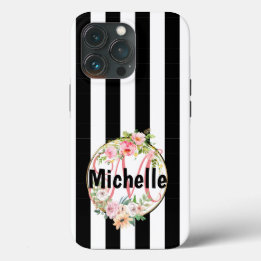 Flores cor-de-rosa monogramadas listras pretas e b