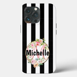 Flores cor-de-rosa, monogramas, listras brancas e