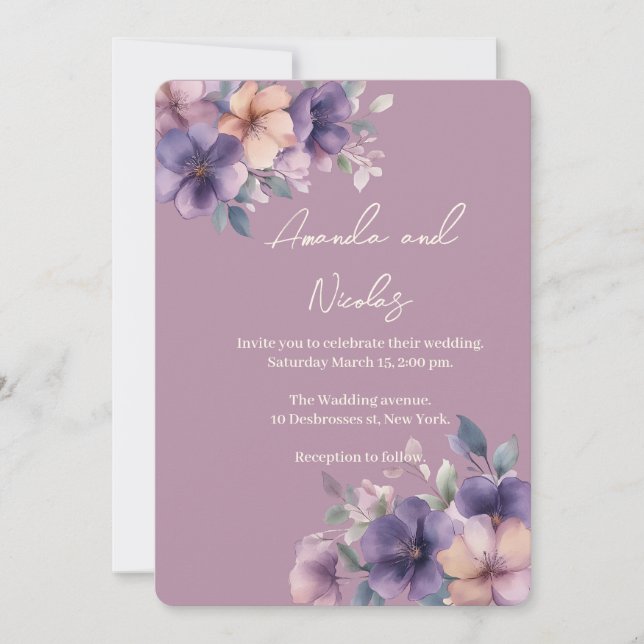 Flores cor-de-rosa púrpura no Convite para Casamen (Frente)