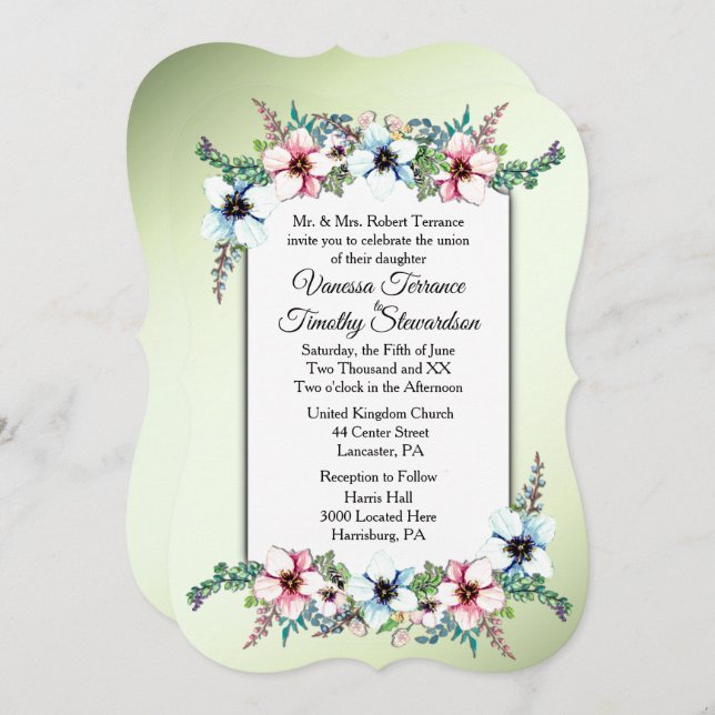 Flores De Aquarela Brilham Convite Para Casamento (Frente/Verso)