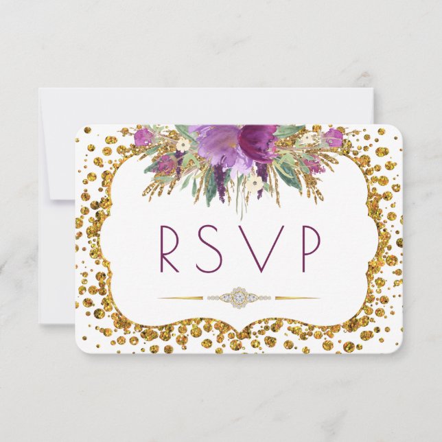 Flores de Aquarela Dourada Glitter Confetti RSVP (Frente)