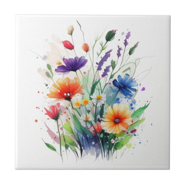 Flores de Aquarela Laranja Roxo Vermelho Azul (Frente)