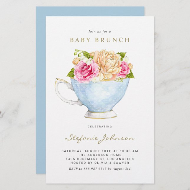Flores de Aquarela no Teacup Baby Brunch Invite (Frente/Verso)