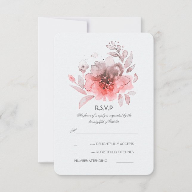 Flores de Aquarela Rosa com Placa RSVP de Casament (Frente)