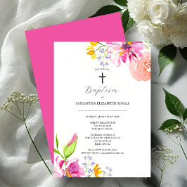 Flores de Aquarela Rosa-Rosa de Convite Batismo