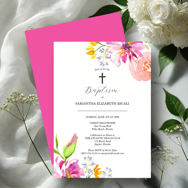Flores de Aquarela Rosa-Rosa de Convite Batismo (Girl baptism invitations watercolor flowers art by Victoria Grigaliunas Do Tell A Belle)