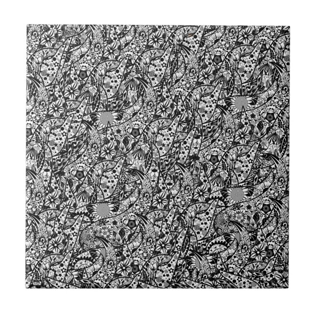 Flores de Azulejo Arte Abstrato Preto e Branco (Frente)