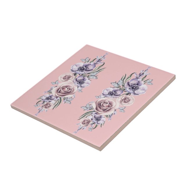 Flores de Azulejo cerâmico cor-de-rosa e borboleta (Lateral)