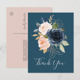 Flores de Blush e Marinho Cartão postal Azul Ob