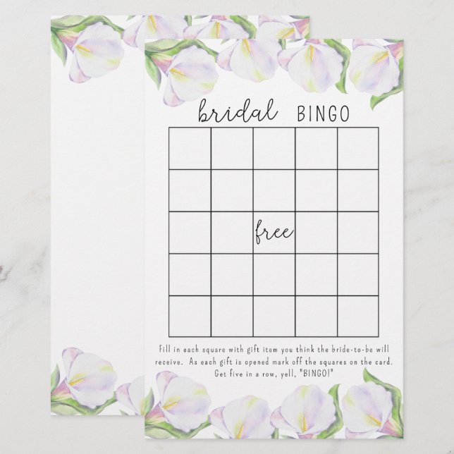 Flores de cala - jogo de bingo para chá de noiva (Frente/Verso)