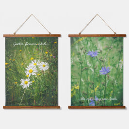 Flores de camomila e chicória no prado verde