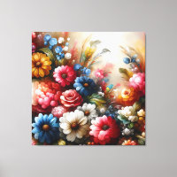 Flores De Canvas Floral Vermelha Azul E Branco