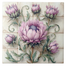 Flores de Cardo Rosa em Azulejo Cerâmico