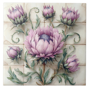 Flores de Cardo Rosa em Azulejo Cerâmico