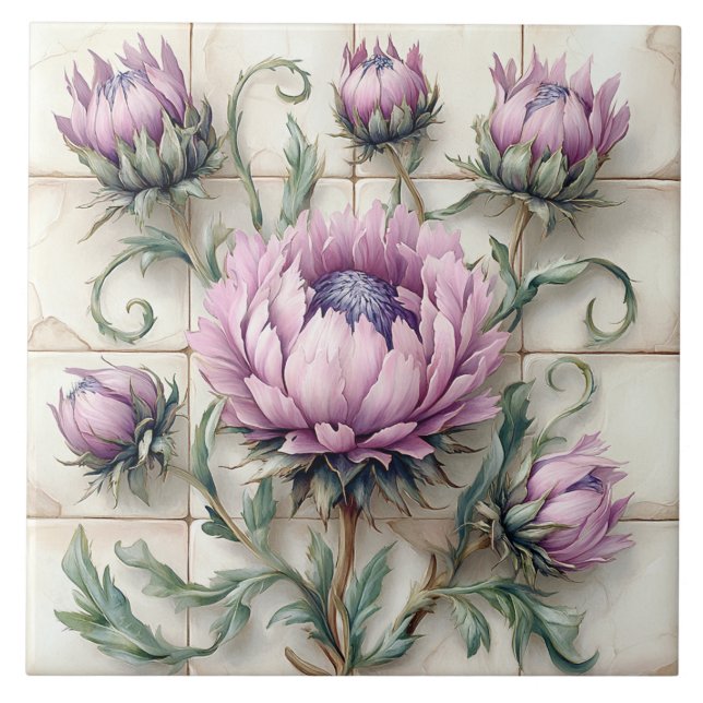 Flores de Cardo Rosa em Azulejo Cerâmico (Frente)