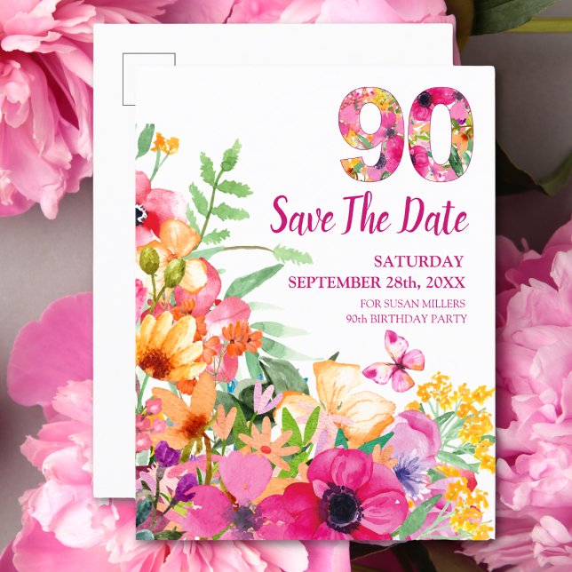 flores de data de aniversário de 90 anos cartão po (Criador carregado)