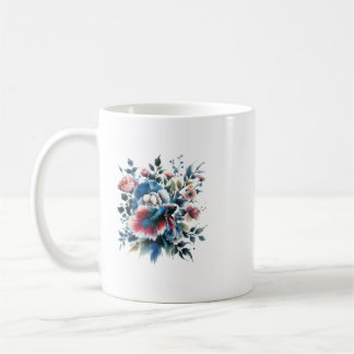 Flores de estilo oriental e caneca de peixe beta