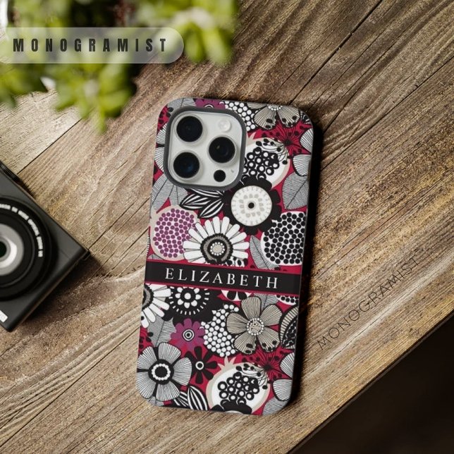 Flores de Flor Preto Branco Personalizáveis (Customizable White Black Red Floral Flowers iPhone Case)
