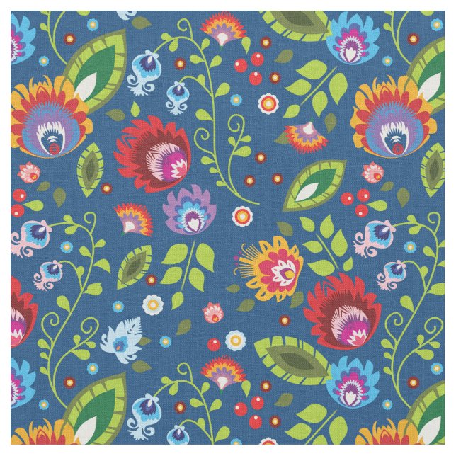 🌹 🌺 flores de 🌷 Folk no tecido azul clássico (Detalhe)