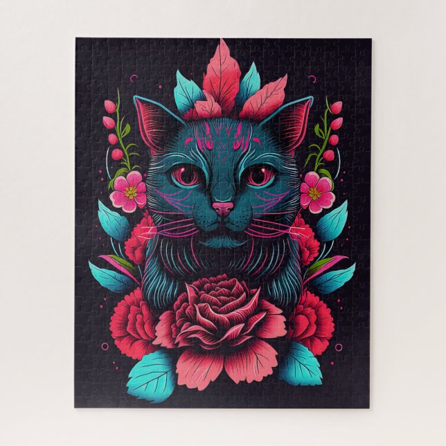 FLORES DE GATO PRETO FANTASY JIGSAW QUEBRA-CABEÇA (Vertical)