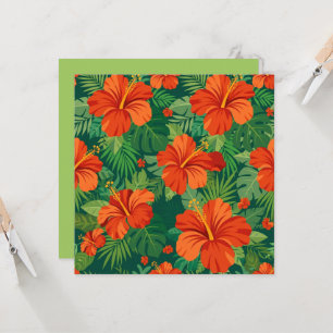 Flores de Hibisco Vermelho Laranja Verde Folhagem