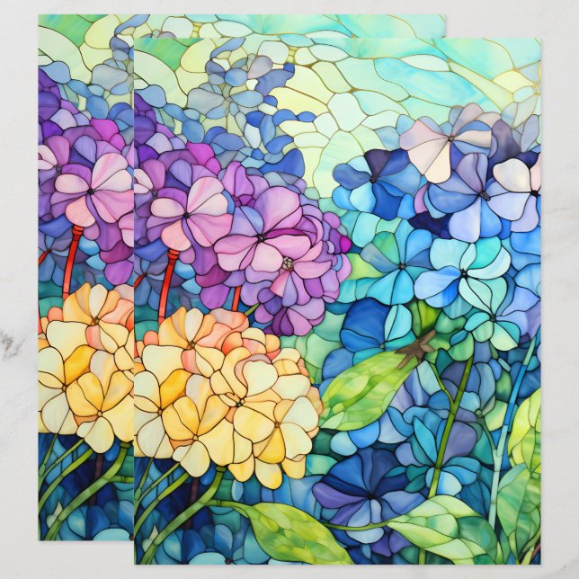Flores de hortênsia em vitral decoupage com papel  (Frente/Verso)