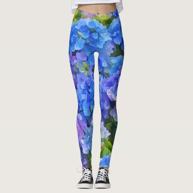Flores de Hydrangea Azuis Leggings de Arte Floral (Frente)