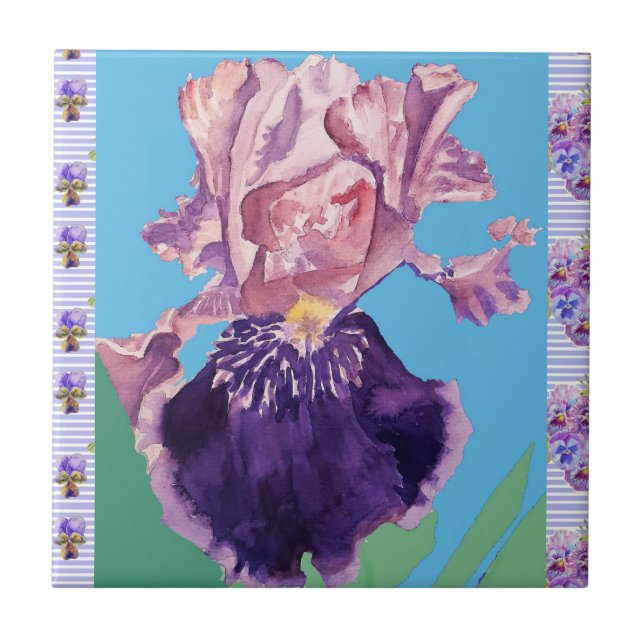 Flores de Íris Roxo azulejo de cerâmica aquarela (Frente)