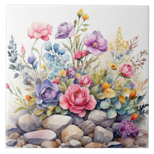 Flores de Jardim de Aquarela nas Rochas