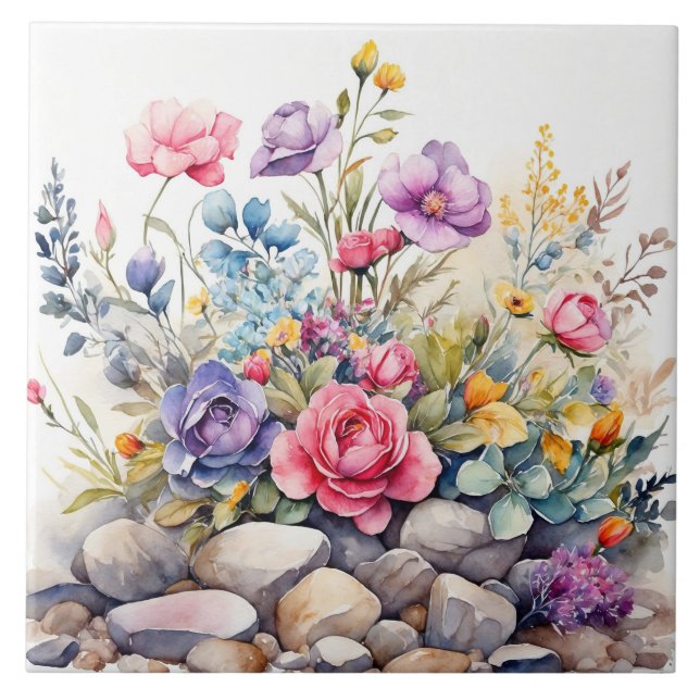 Flores de Jardim de Aquarela nas Rochas (Frente)