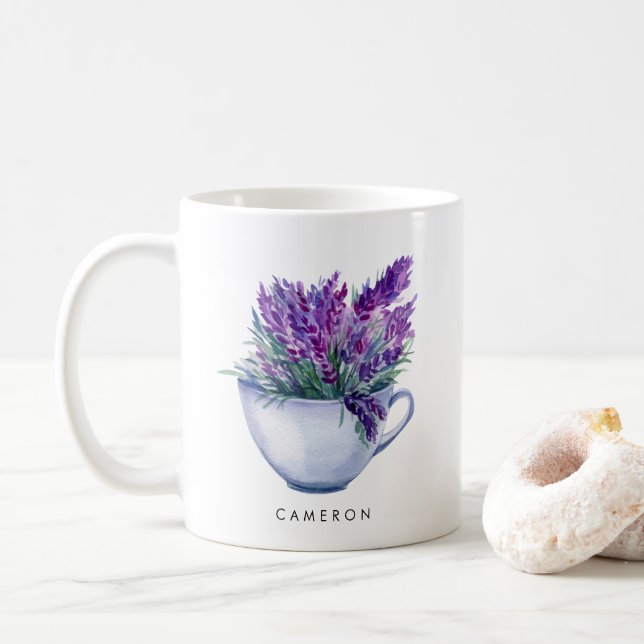Flores de Lavanda em Aguarela em Xícara Personaliz (Com Donut)