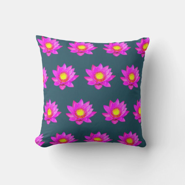 Flores de Lótus Rosa em Almofada de Arremesso Azul (Frente)