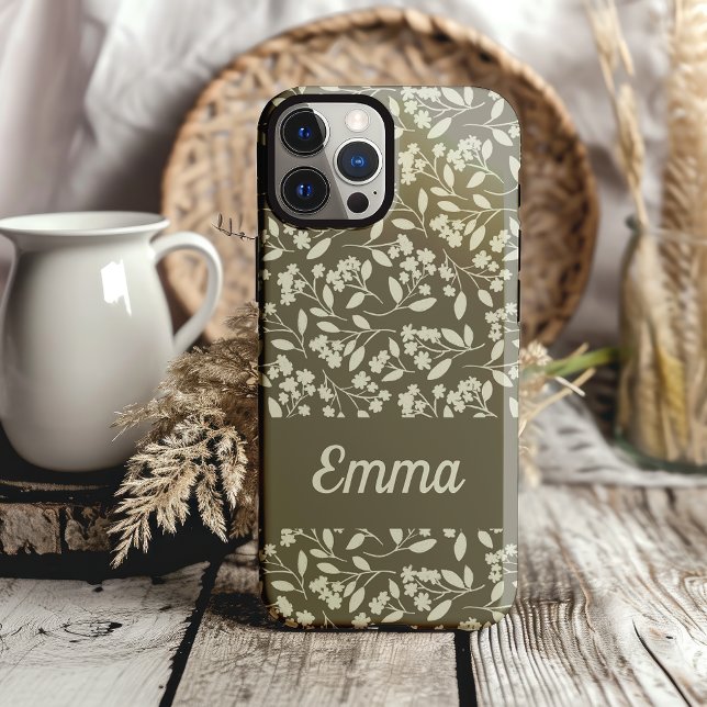 Flores De Mão Verde Verde-De-Mão Desenhadas (sage green phone custom phone case with hand drawn botanical design)