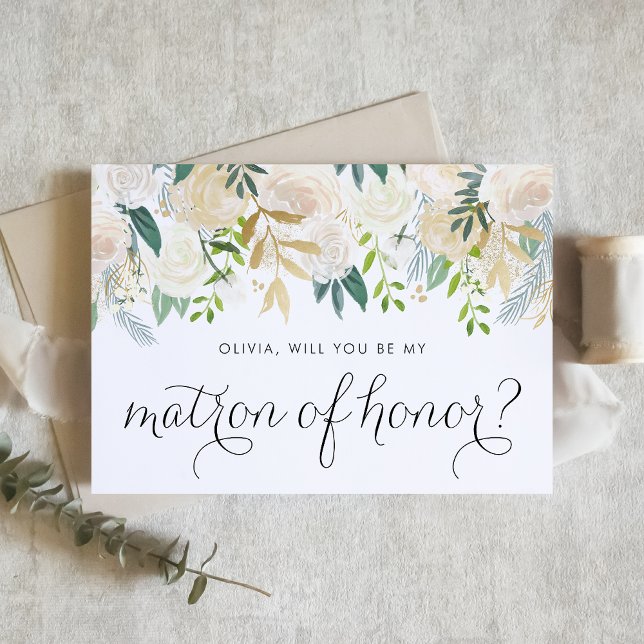 Flores De Marfim Suaves Serão A Minha Matriz De Ho (Will you be my matron of honor? Floral Matron of Honor Proposal Card featuring soft ivory flowers.)