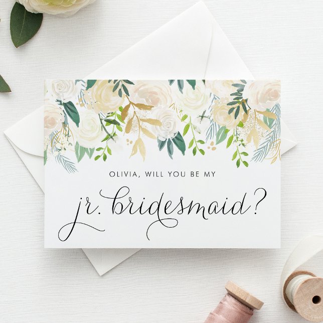 Flores De Marfim Suaves Serão Minhas Garotas Jr (Will you be my junior bridesmaid? Floral Jr. Bridesmaid Proposal Card featuring soft ivory flowers.)
