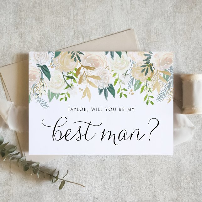 Flores De Marfim Suaves Serão O Meu Melhor Homem (Elegant Best Man proposal card with watercolor flowers in neutral shades and greenery.)