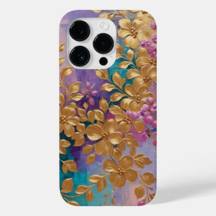Flores De ouro Pintadas Na Turquesa Lilática Rosa
