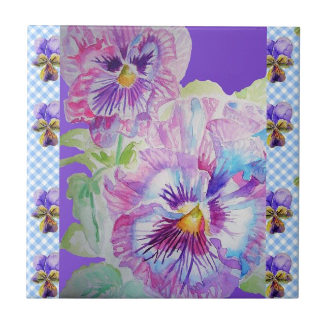 Flores de Pansy Púrpura com água viola Azulejo cer (Frente)