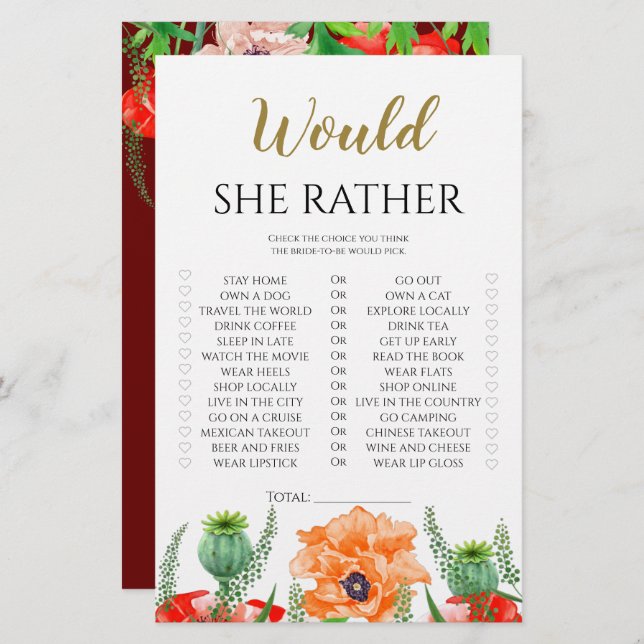 Flores de papoila, ela faria preferencialmente jog (Frente/Verso)