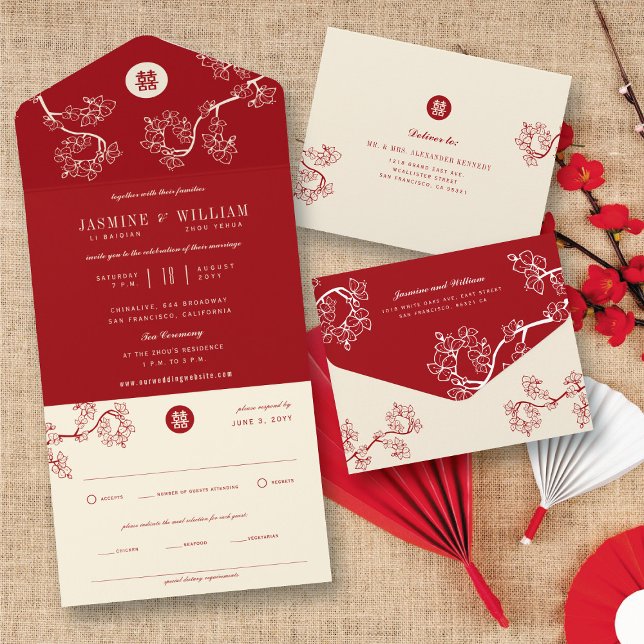 Flores de Pêssego/Velha Ameixa Dupla Felicidade Ch (Red/Cream Peach/Plum Blossoms Chinese Double Happiness All In One Invitation @ fatfatin_red_knot)