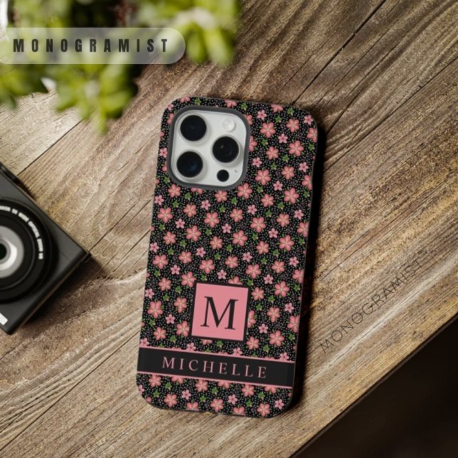 Flores de Pink Floral de Ponto Preto Personalizáve (Customizable Black Dot Floral Pink Flowers iPhone Case)